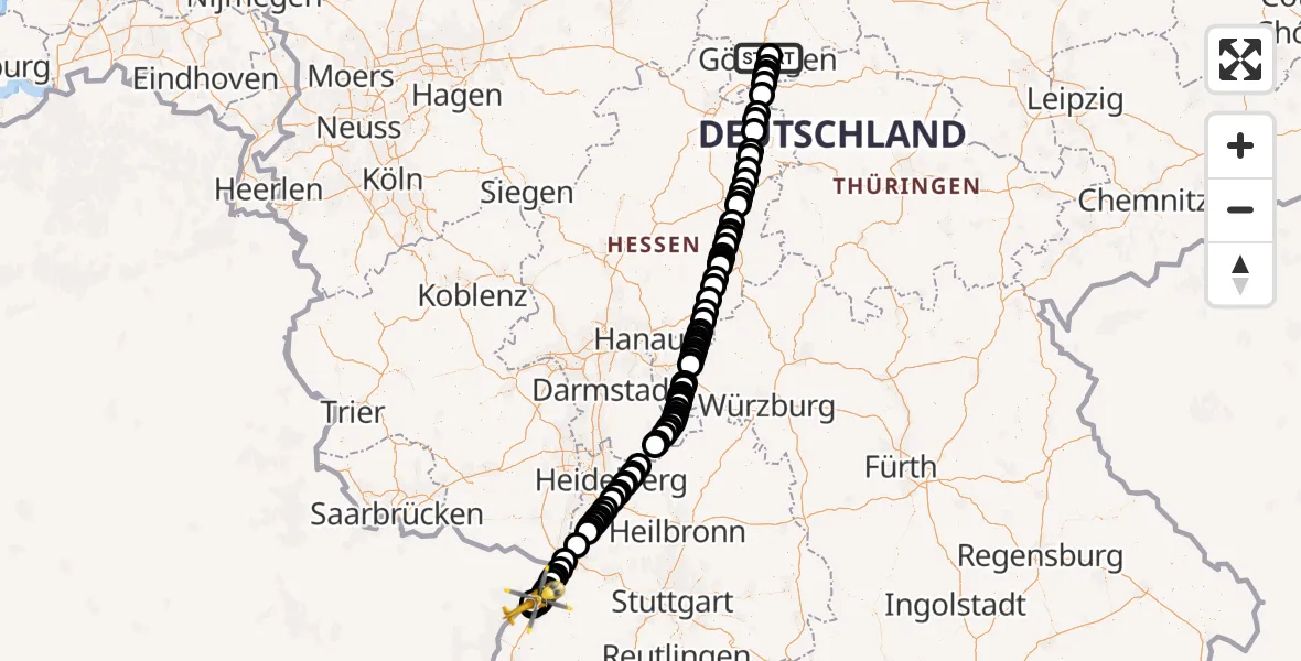 Flugroute Rettungshubschrauber Göttingen University Clinic Hubschrauberlandeplatz - Karlsruhe Baden-Baden Flughafen, 30 Juni 2026, 15:23