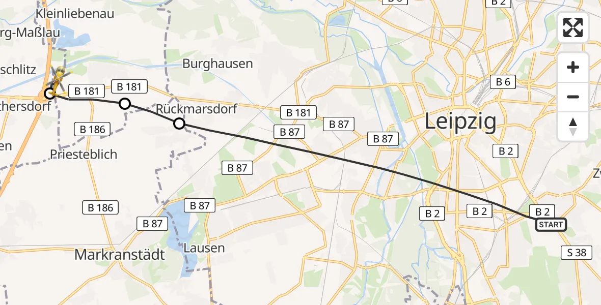 Flugroute Rettungshubschrauber Leipzig - ADAC Air Rescue Station Leipzig/Schkeuditz-Dölzig Hubschrauberlandeplatz (Christoph 61), 30 Juni 2026, 15:24