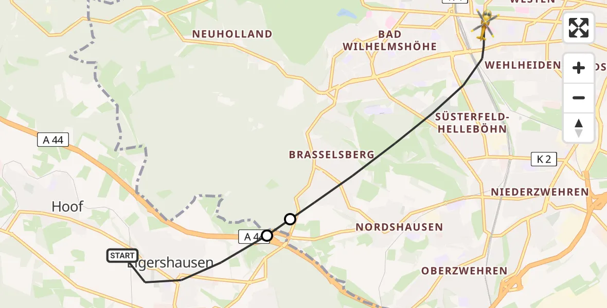 Flugroute Rettungshubschrauber Schauenburg - Kassel, 30 Juni 2026, 15:25