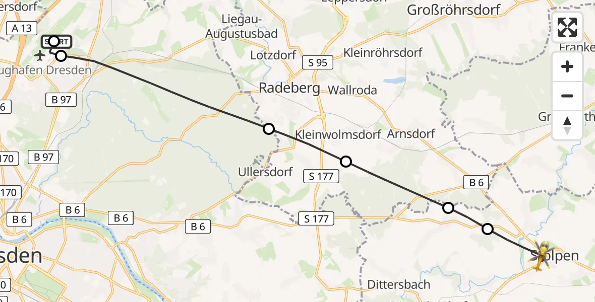 Flugroute Rettungshubschrauber Dresden Bundespolizei Hubschrauberlandeplatz - Stolpen, 30 Juni 2026, 15:33