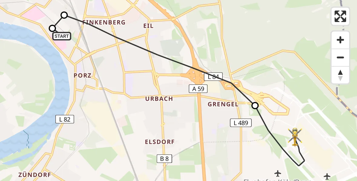 Flugroute Ambulanzhubschrauber Porz am Rhein Hospital - Köln Bonn Flughafen, 30 Juni 2026, 15:33