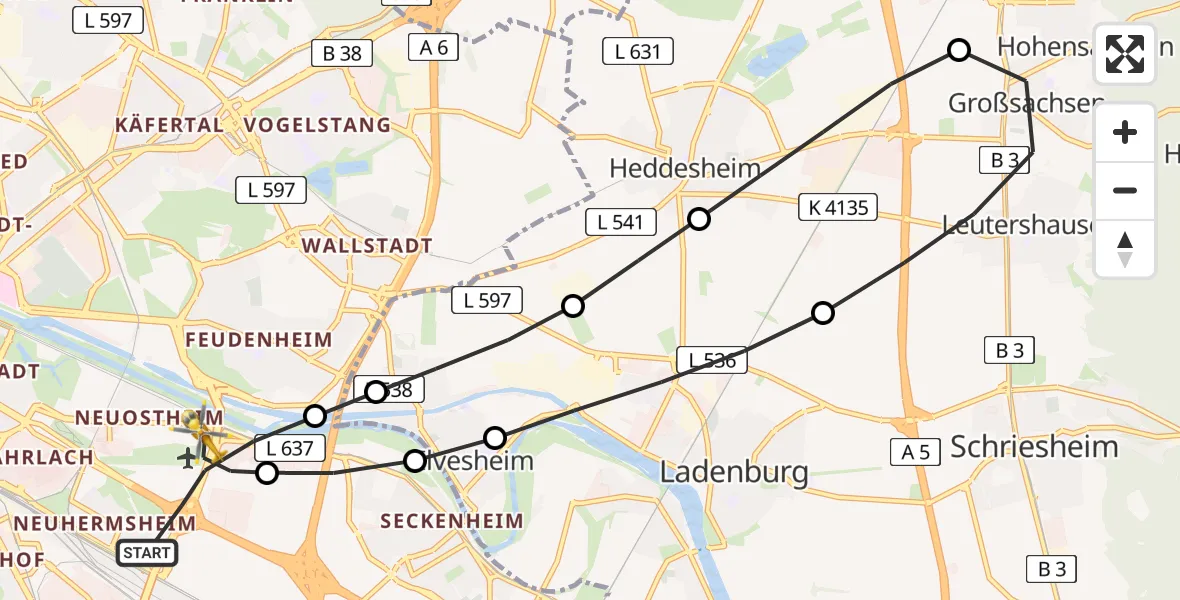 Flugroute Rettungshubschrauber Mannheim-City Flughafen - Mannheim-City Flughafen, 30 Juni 2026, 15:34