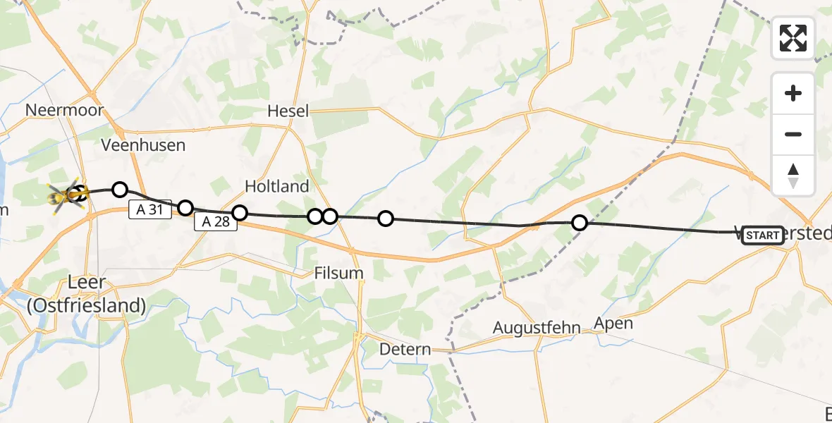 Flugroute Ambulanzhubschrauber Westerstede - Flugplatz Leer-Papenburg, 30 Juni 2026, 15:34