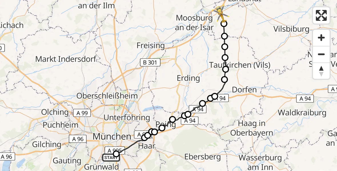 Flugroute Rettungshubschrauber Perlacher Forst - Eching, 30 Juni 2026, 15:37