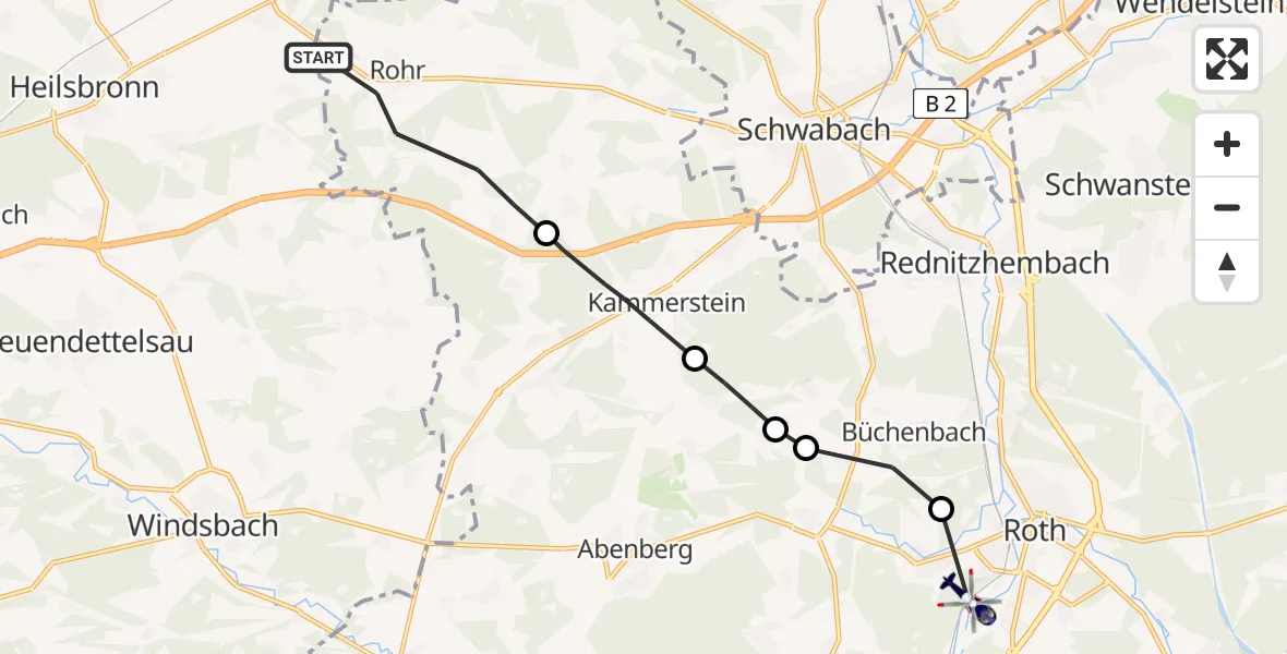 Flugroute Polizeihubschrauber Rohr - Roth, 30 Juni 2026, 15:37