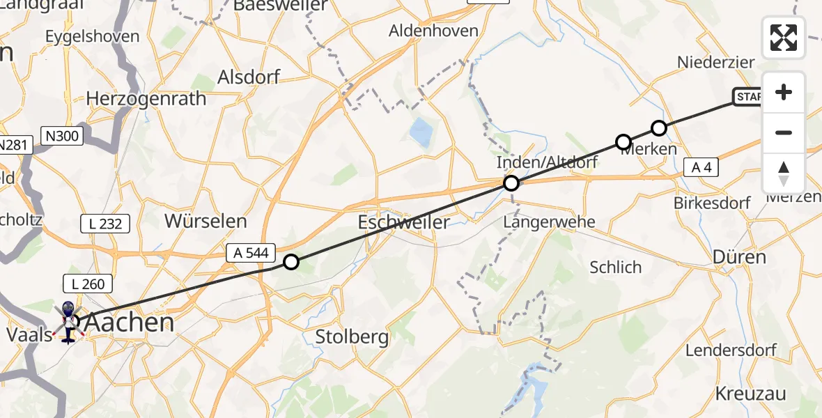Flugroute Polizeihubschrauber Niederzier - Aachen Hospital, 30 Juni 2026, 15:41