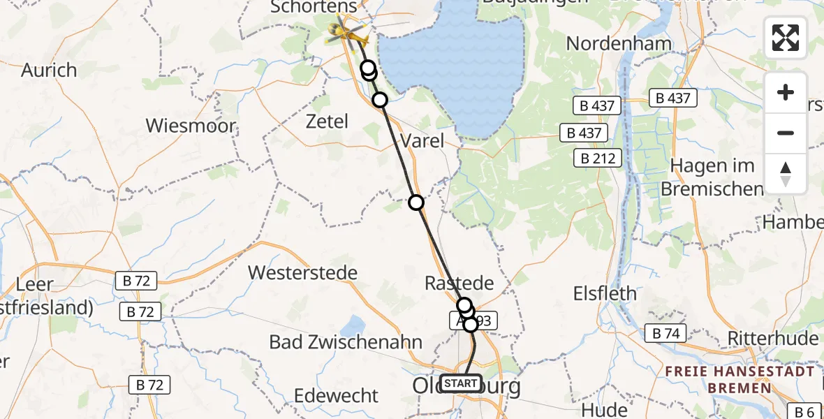 Flugroute Rettungshubschrauber Oldenburg (Oldb) - Sande, 30 Juni 2026, 15:43