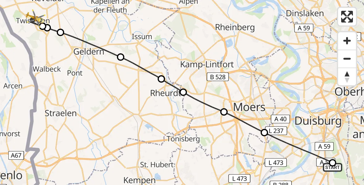 Flugroute Rettungshubschrauber Duisburg Air Rescue Hubschrauberlandeplatz (Christoph 9) - Kevelaer, 30 Juni 2026, 15:43