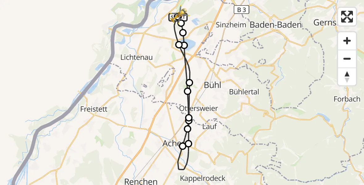 Flugroute Ambulanzhubschrauber Karlsruhe Baden-Baden Flughafen - Karlsruhe Baden-Baden Flughafen, 30 Juni 2026, 15:44
