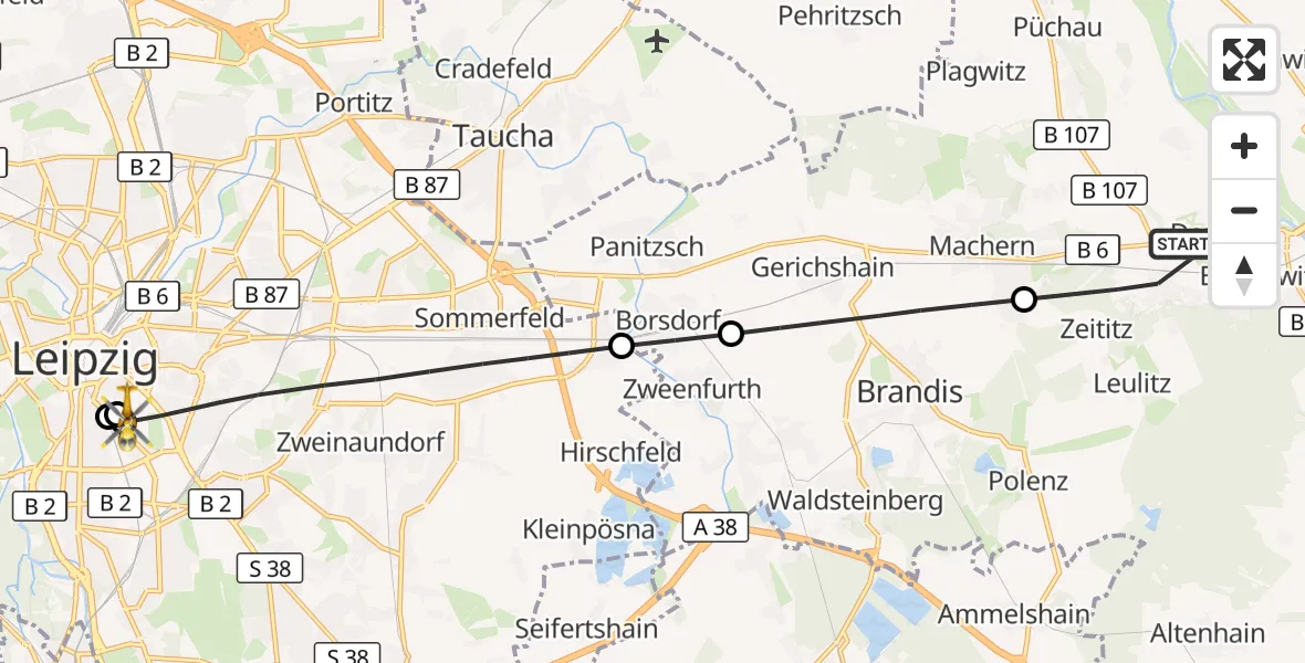 Flugroute Rettungshubschrauber Bennewitz - Leipzig University Hospital Heliport 1, 30 Juni 2026, 15:48