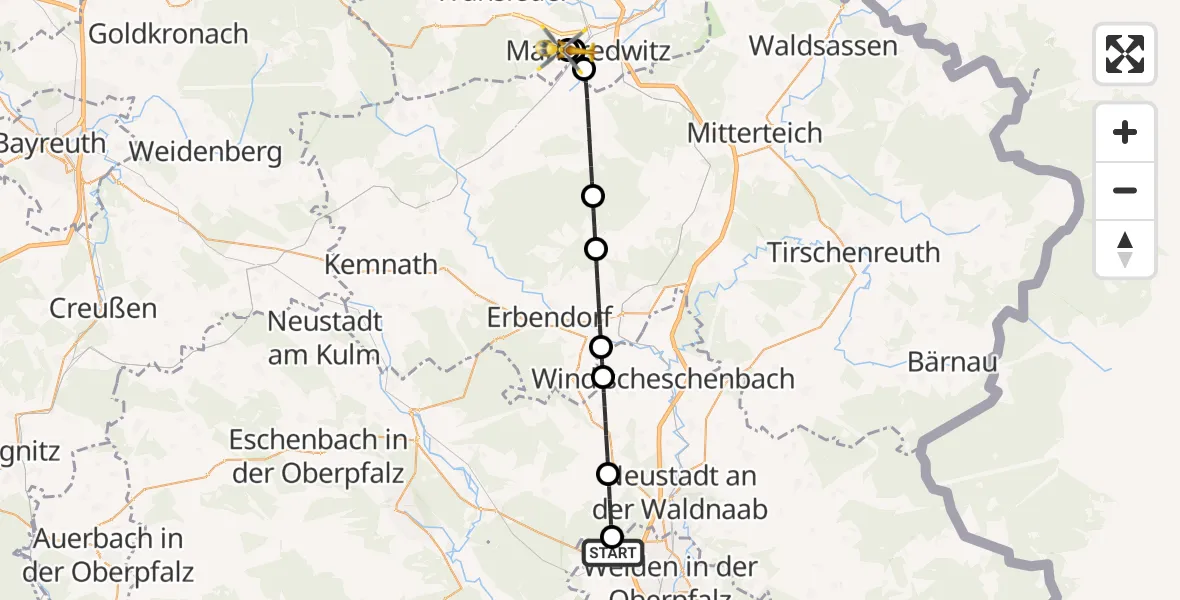 Flugroute Rettungshubschrauber Weiden i.d.OPf. - Fichtelgebirge Hospital Marktredwitz, 30 Juni 2026, 15:50