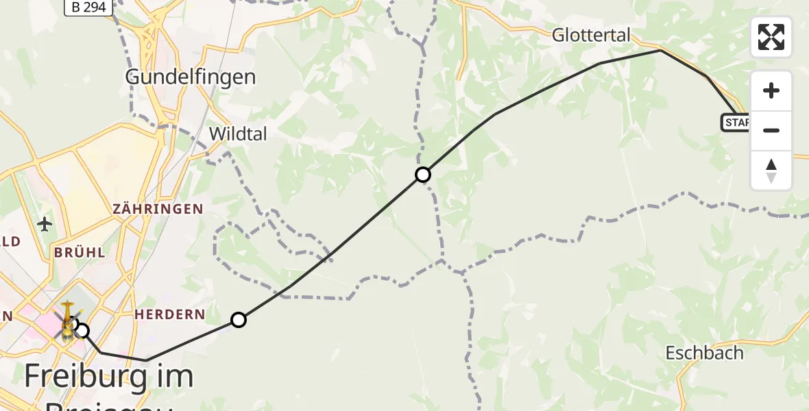 Flugroute Rettungshubschrauber Glottertal - Freiburg University Hospital Heliport 2, 30 Juni 2026, 15:50
