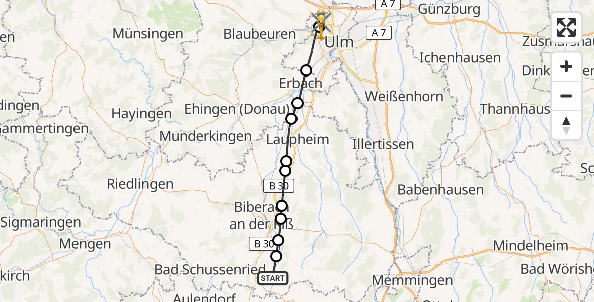 Flugroute Rettungshubschrauber Eberhardzell - ADAC Air Rescue Station Ulm (Christoph 22), 30 Juni 2026, 15:54