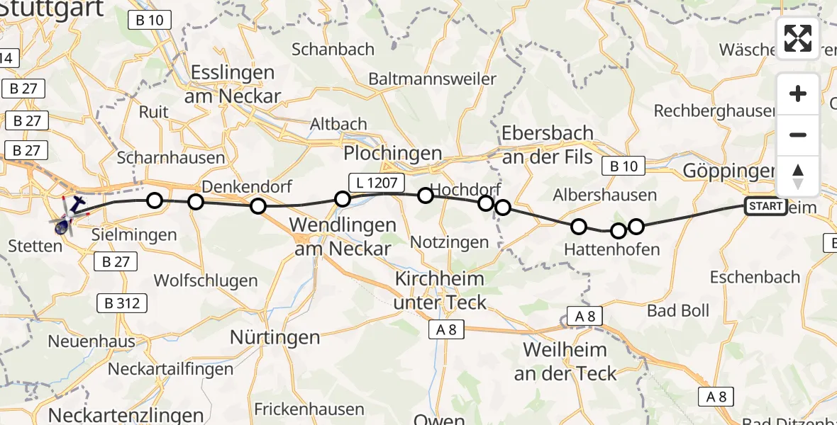Flugroute Polizeihubschrauber Göppingen - Flughafen Stuttgart, 30 Juni 2026, 15:59