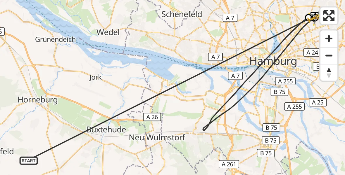 Flugroute Rettungshubschrauber Harsefeld - Hamburg Military Hospital, 30 Juni 2026, 16:00