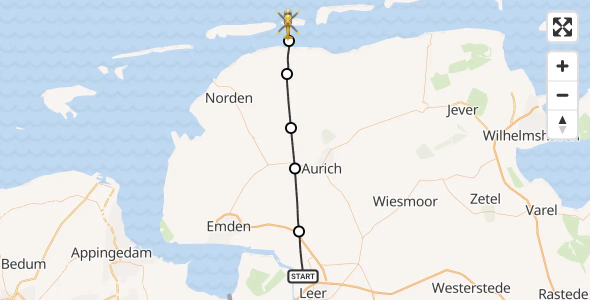 Flugroute Ambulanzhubschrauber Moormerland - Noordzee, 30 Juni 2026, 16:12