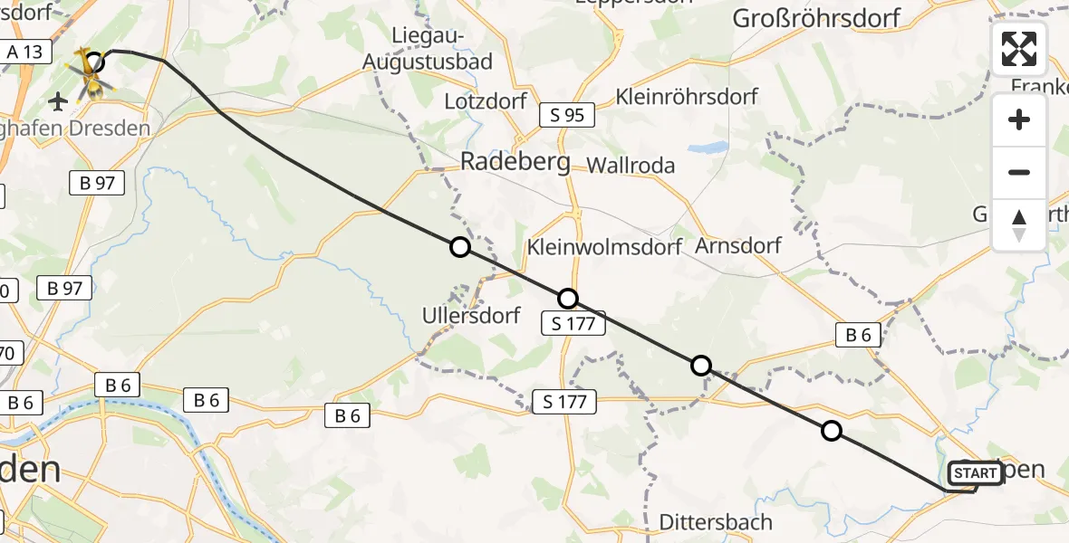 Flugroute Rettungshubschrauber Stolpen - Dresden Bundespolizei Hubschrauberlandeplatz, 30 Juni 2026, 16:12