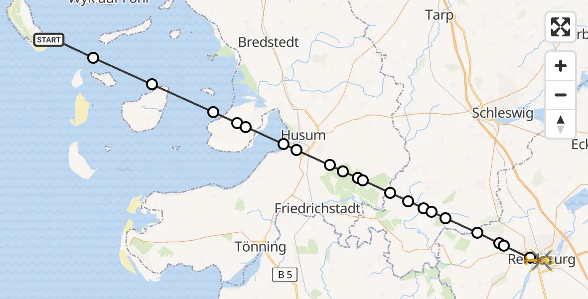 Flugroute Ambulanzhubschrauber Wittdün auf Amrum - Rendsburg, 30 Juni 2026, 16:13