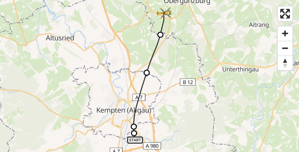Flugroute Rettungshubschrauber Kempten-Durach Flugplatz - Untrasried, 30 Juni 2026, 16:20