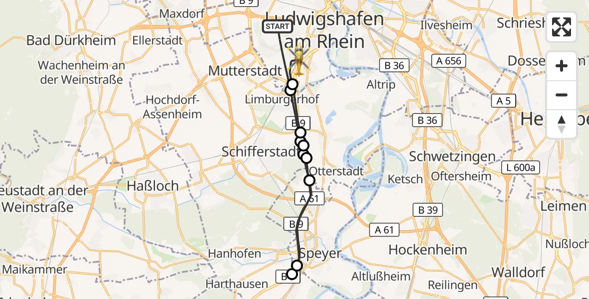 Flugroute Rettungshubschrauber Ludwigshafen am Rhein - Ludwigshafen am Rhein, 30 Juni 2026, 16:21