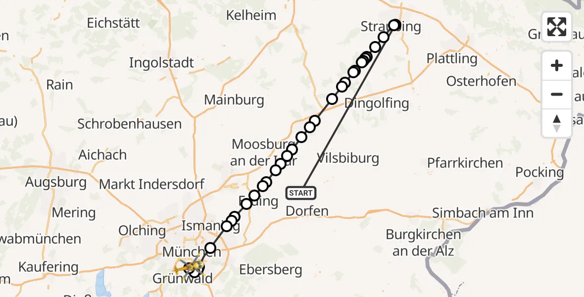 Flugroute Rettungshubschrauber Taufkirchen (Vils) - ADAC Air Rescue Center Hubschrauberlandeplatz (Christoph 1), 30 Juni 2026, 16:24