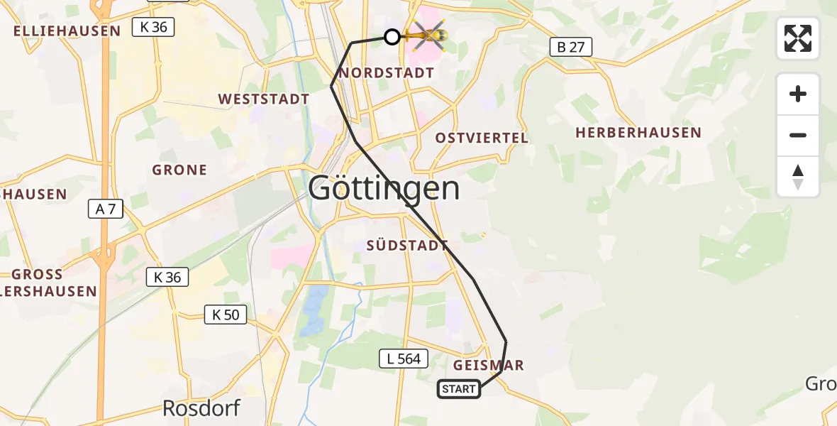 Flugroute Rettungshubschrauber Göttingen - Göttingen University Clinic Hubschrauberlandeplatz, 30 Juni 2026, 16:25