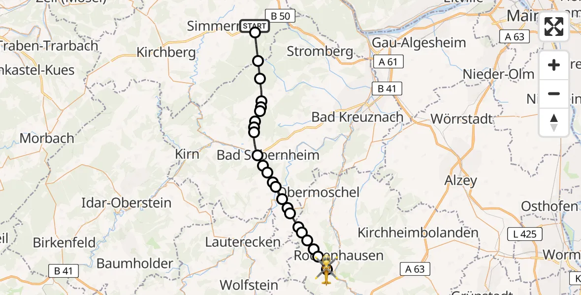 Flugroute Rettungshubschrauber Ellern (Hunsrück) - Imsweiler UL, 30 Juni 2026, 16:25
