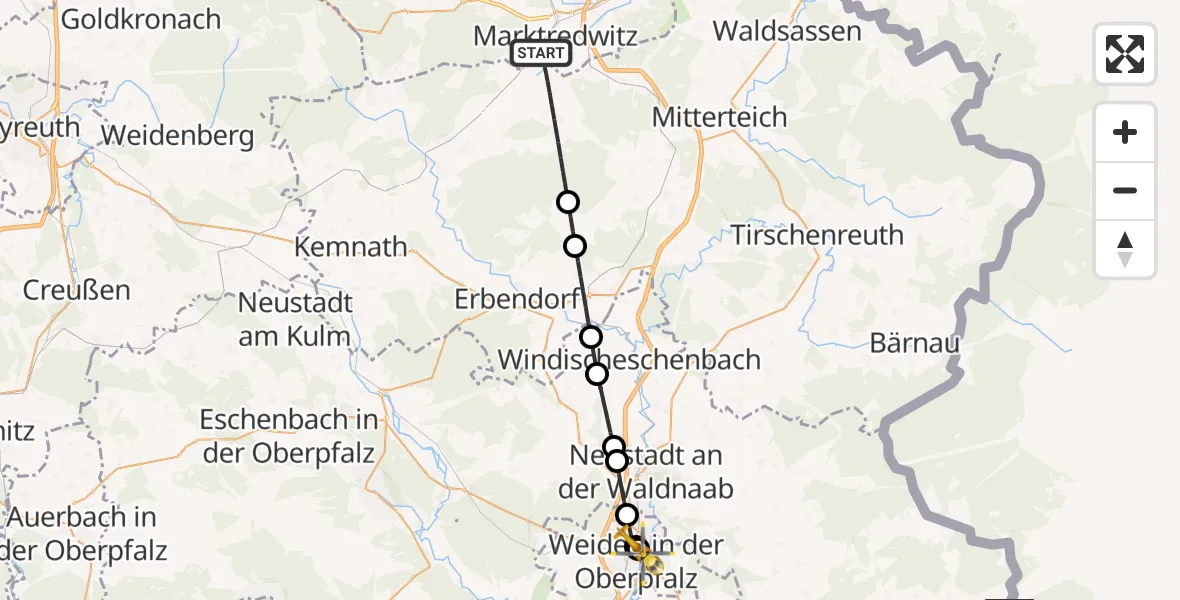 Flugroute Rettungshubschrauber Waldershof - Weiden Hospital, 30 Juni 2026, 16:31