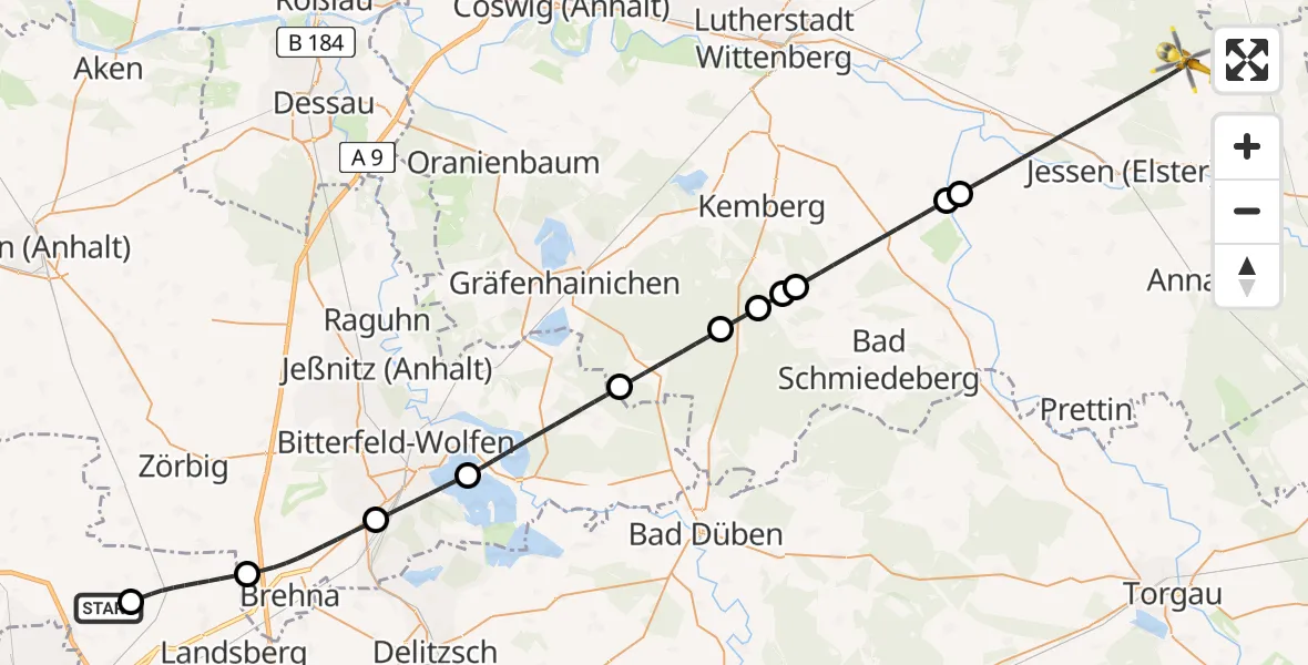 Flugroute Rettungshubschrauber Halle-Oppin Flugplatz - Jessen (Elster), 30 Juni 2026, 16:34