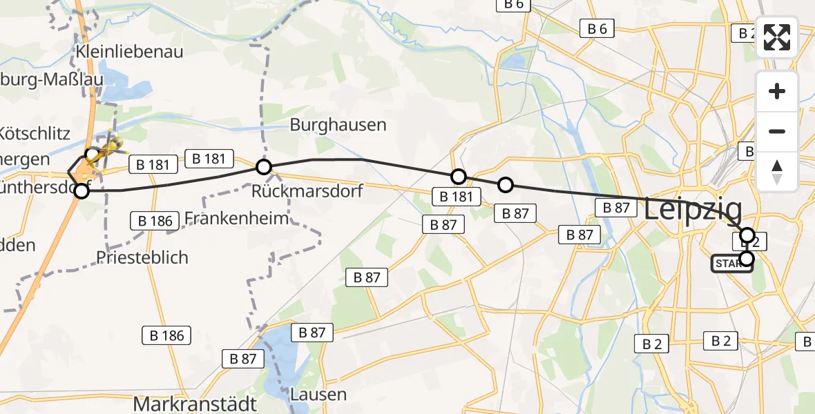 Flugroute Rettungshubschrauber Leipzig University Hospital Heliport 1 - ADAC Air Rescue Station Leipzig/Schkeuditz-Dölzig Hubschrauberlandeplatz (Christoph 61), 30 Juni 2026, 16:39