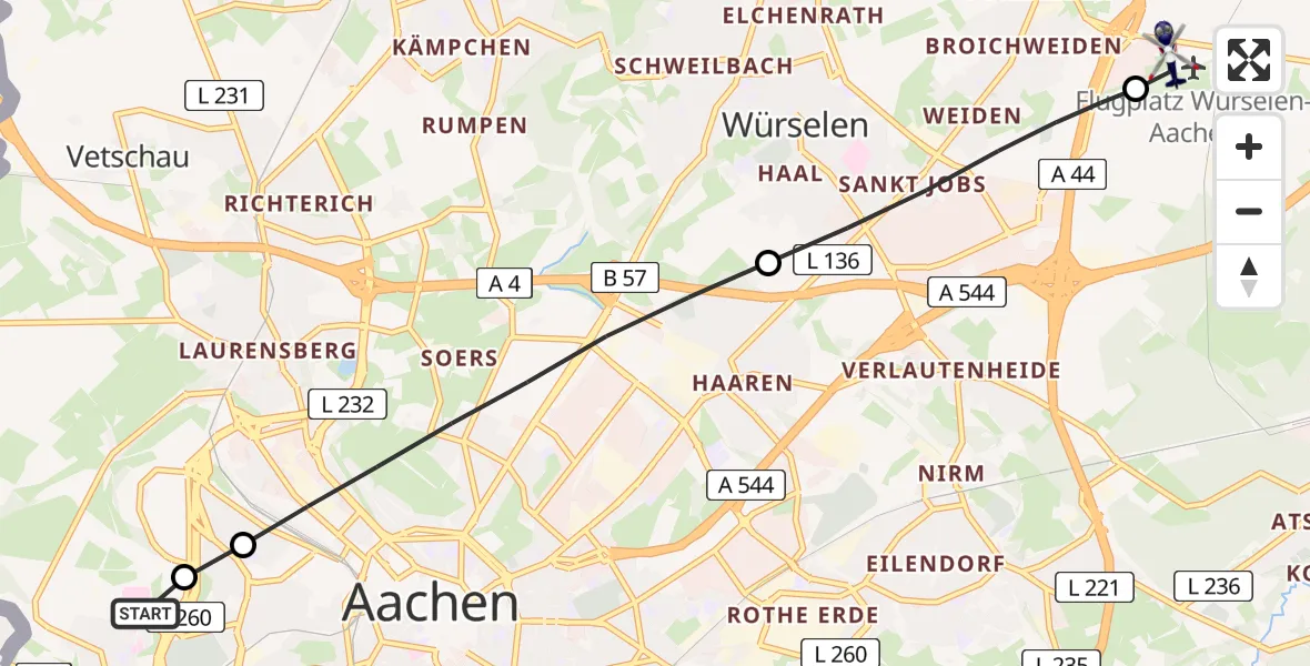Flugroute Polizeihubschrauber Aachen Hospital - Aachen-Merzbrück Flughafen, 30 Juni 2026, 16:44