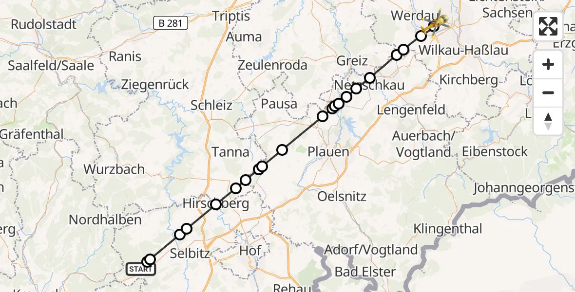 Flugroute Rettungshubschrauber Schwarzenbach a.Wald - ADAC Air Rescue Station Zwickau Hubschrauberlandeplatz, 30 Juni 2026, 16:45