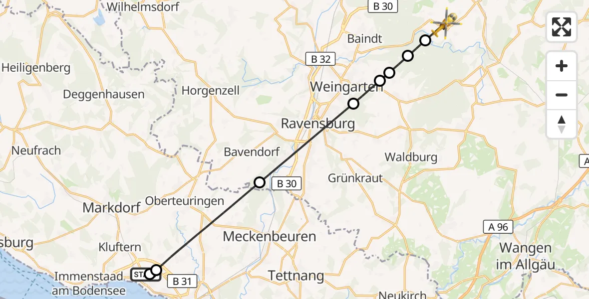 Flugroute Rettungshubschrauber Friedrichshafen Hospital - Bergatreute, 30 Juni 2026, 16:48