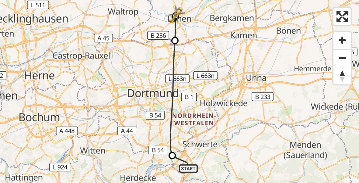 Flugroute Rettungshubschrauber Schwerte - Sankt Marien Hospital, 30 Juni 2026, 16:55