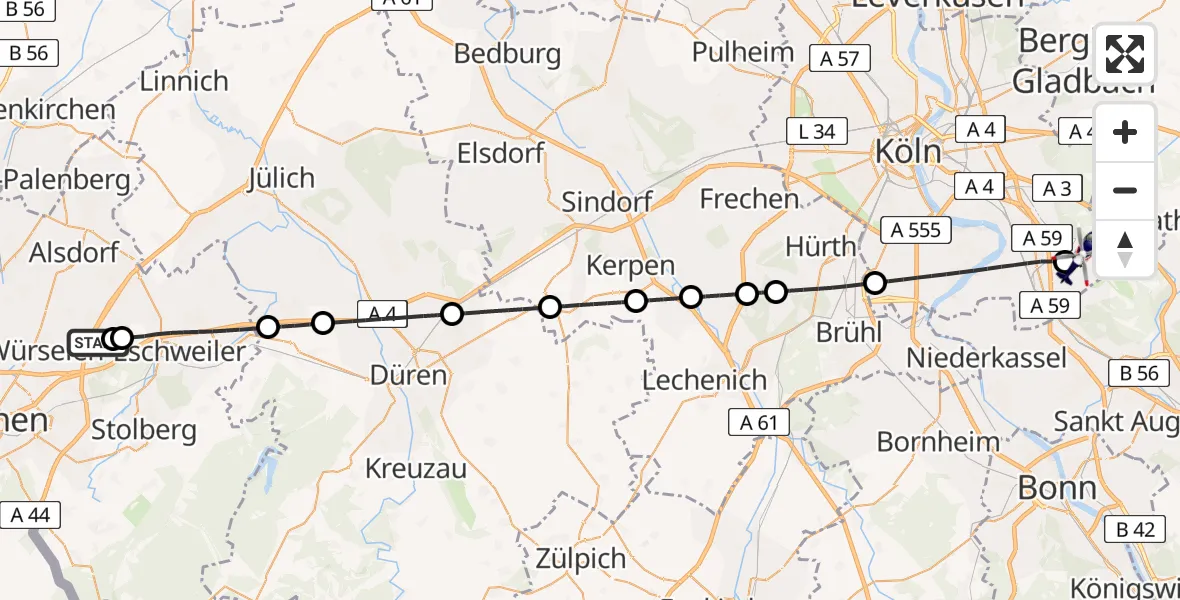 Flugroute Polizeihubschrauber Aachen-Merzbrück Flughafen - Köln Bonn Flughafen, 30 Juni 2026, 17:00