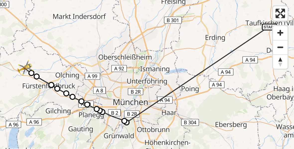 Flugroute Rettungshubschrauber Taufkirchen (Vils) - Mammendorf, 30 Juni 2026, 17:04