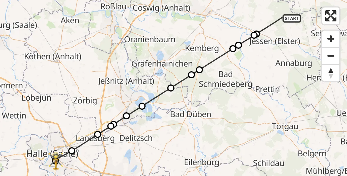 Flugroute Rettungshubschrauber Jessen (Elster) - BG Hospital Bergmannstrost Halle, 30 Juni 2026, 17:12