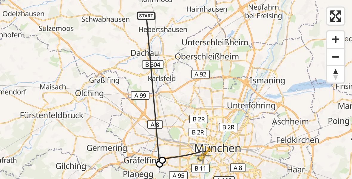 Flugroute Rettungshubschrauber Röhrmoos - München, 30 Juni 2026, 17:15