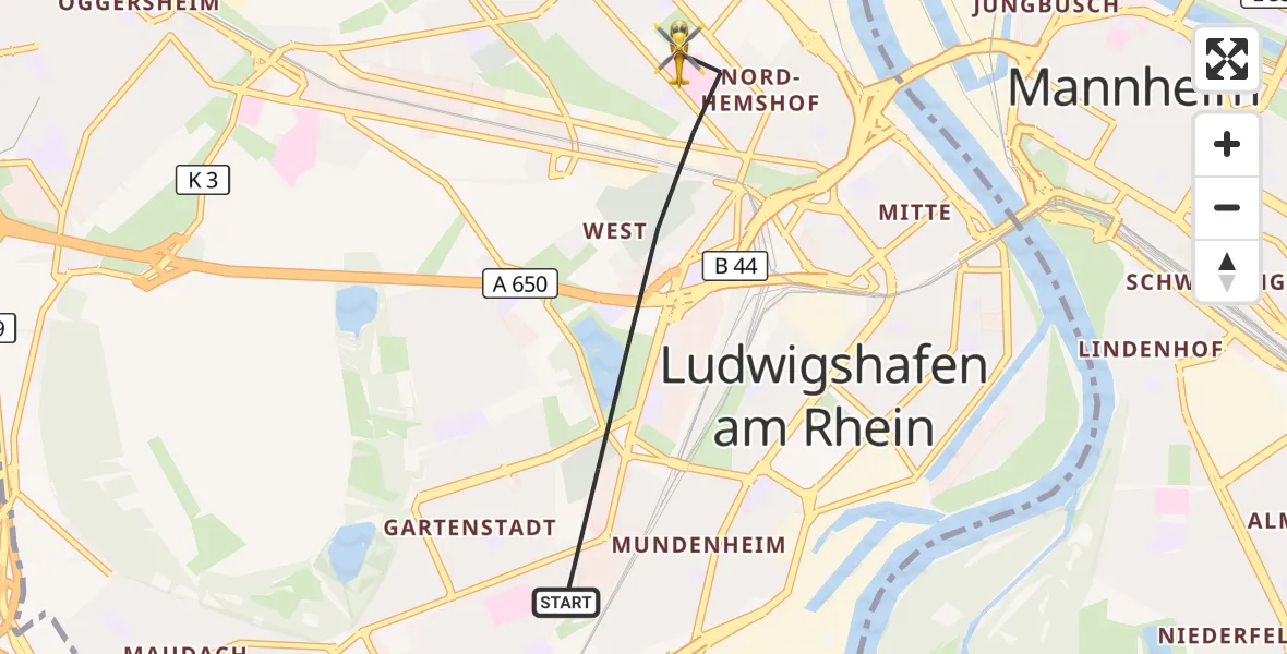Flugroute Rettungshubschrauber Ludwigshafen am Rhein - Ludwigshafen am Rhein, 30 Juni 2026, 17:16