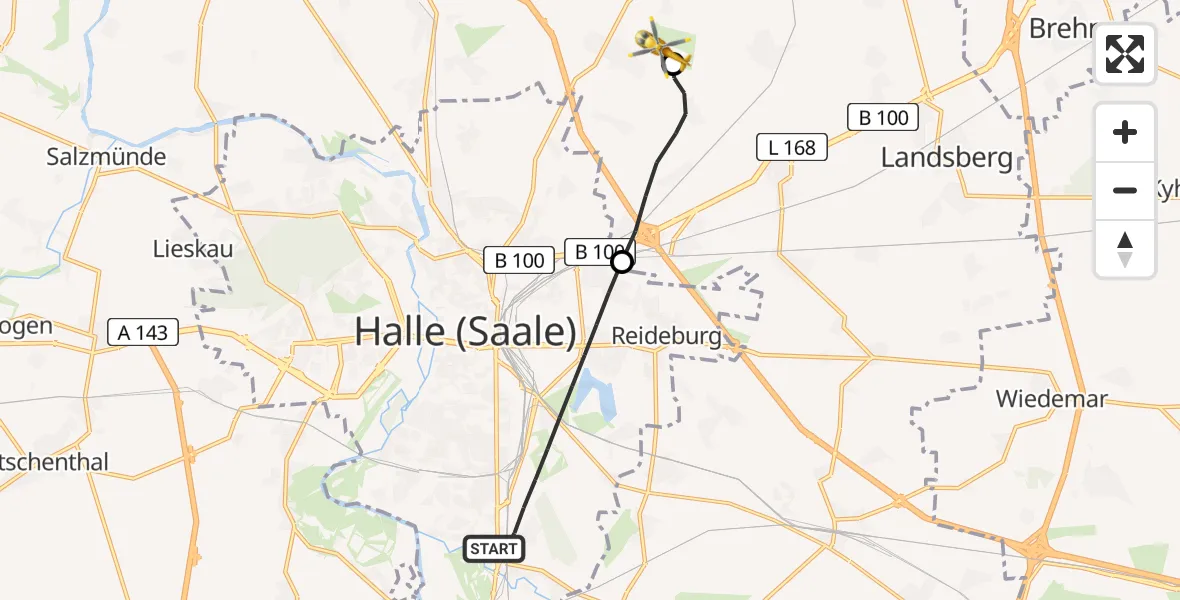 Flugroute Rettungshubschrauber Halle (Saale) - Halle-Oppin Flugplatz, 30 Juni 2026, 17:16