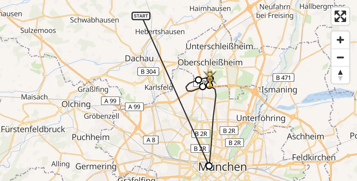 Flugroute Rettungshubschrauber Röhrmoos - Oberschleißheim, 30 Juni 2026, 17:20
