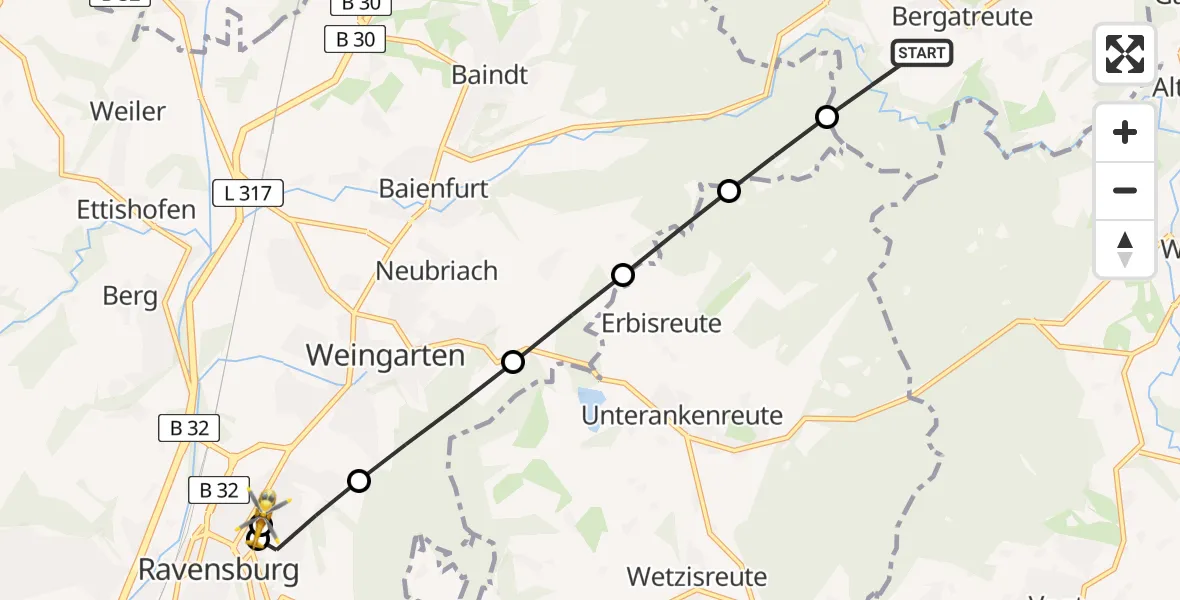 Flugroute Rettungshubschrauber Bergatreute - Sankt Elisabeth Hospital, 30 Juni 2026, 17:22