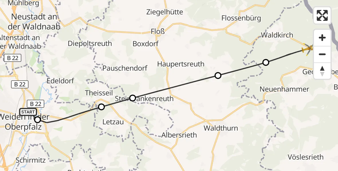 Flugroute Rettungshubschrauber Weiden Hospital - Georgenberg, 30 Juni 2026, 17:24