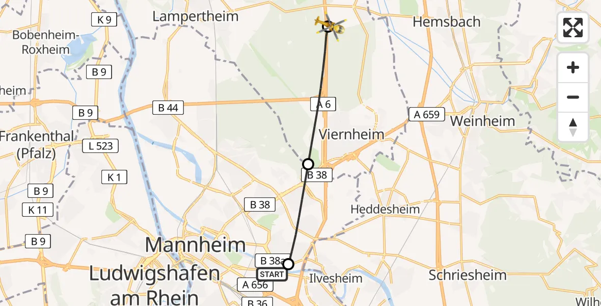 Flugroute Rettungshubschrauber Mannheim-City Flughafen - Lampertheim, 30 Juni 2026, 17:27