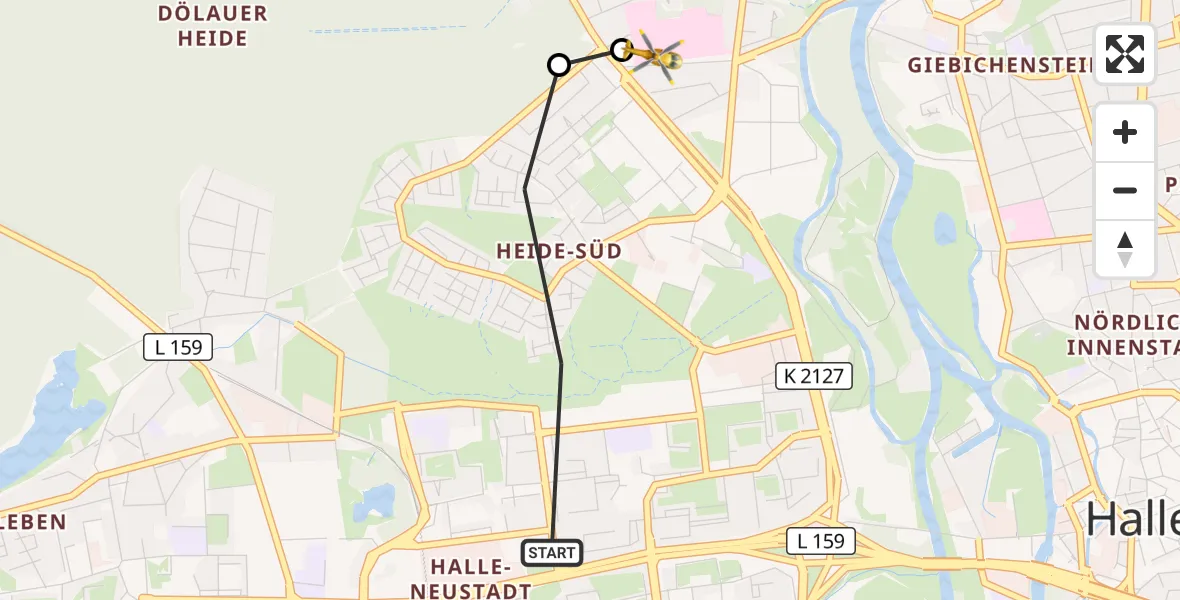 Flugroute Rettungshubschrauber Halle (Saale) - Halle (Saale) University Hospital, 30 Juni 2026, 17:32