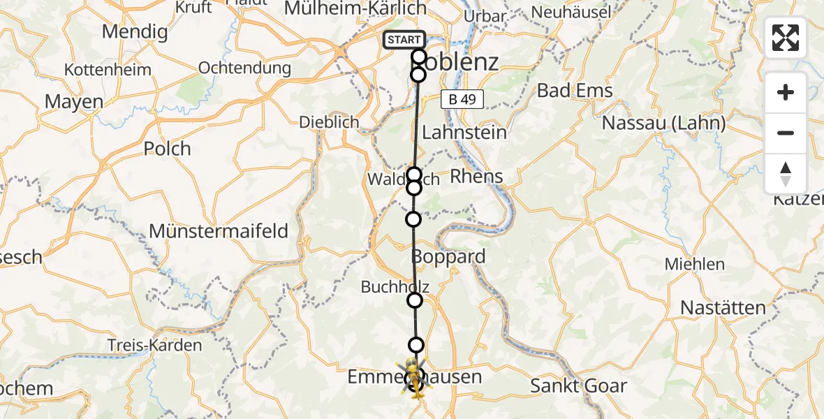 Flugroute Rettungshubschrauber Koblenz - Emmelshausen, 30 Juni 2026, 17:34