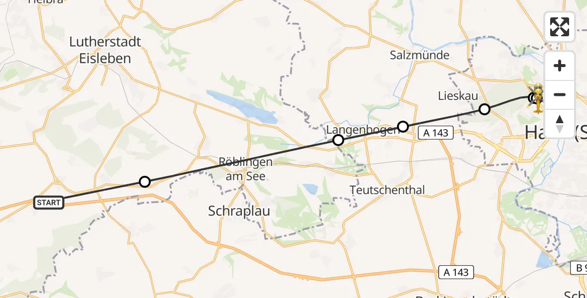Flugroute Rettungshubschrauber Eisleben - Halle (Saale) University Hospital, 30 Juni 2026, 17:41