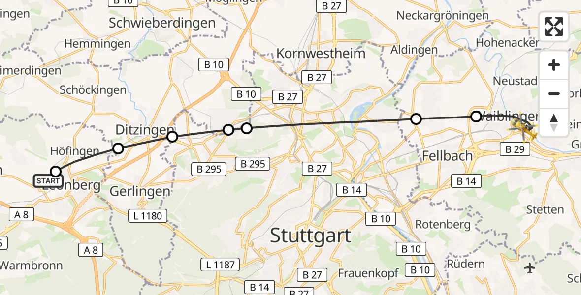 Flugroute Rettungshubschrauber Leonberg Hospital - Waiblingen, 30 Juni 2026, 17:45