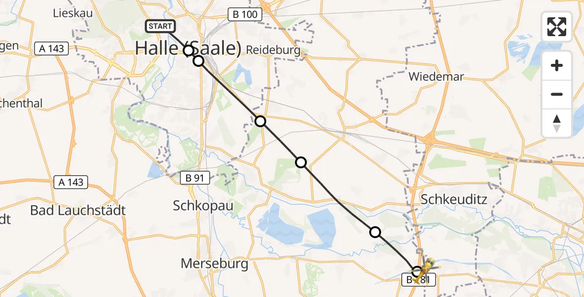 Flugroute Rettungshubschrauber Halle (Saale) - ADAC Air Rescue Station Leipzig/Schkeuditz-Dölzig Hubschrauberlandeplatz (Christoph 61), 30 Juni 2026, 17:49