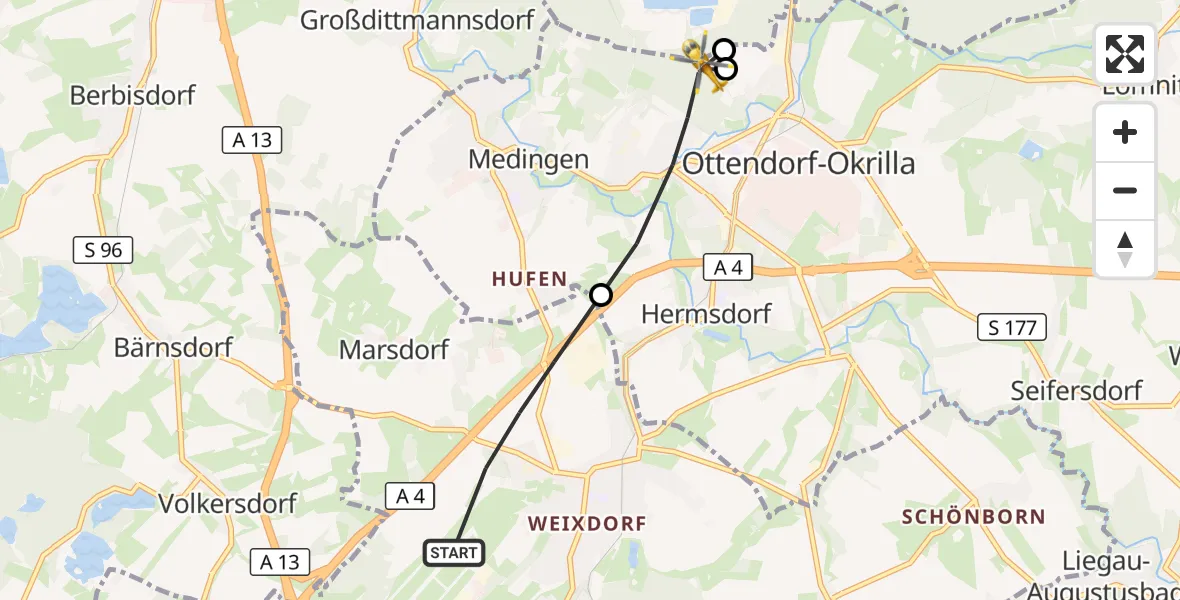 Flugroute Rettungshubschrauber Dresden - Ottendorf-Okrilla, 30 Juni 2026, 17:50